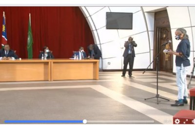 Journalists question President Geingob and other Namibian officials during a media briefing on COVID-19 in Windhoek (screen shot).