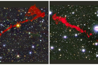 The two giant radio galaxies found with the MeerKAT telescope. In the background is the sky as seen in optical light. Overlaid in red is the radio light from the enormous radio galaxies, as seen by MeerKAT.