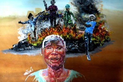 Azuri Muhuli’s painting of trader Amina Rugondera, who was chased from her stall and threatened with violence in Durban this year.