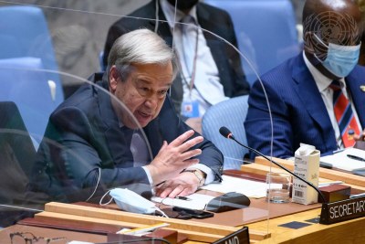 Secretary-General António Guterres addresses the Security Council meeting on peace and security in Africa, which included a discussion on Ethiopia, on October 6, 2021.