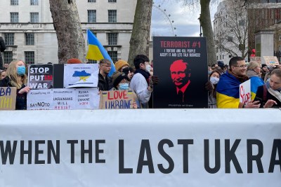 A protest in London against the Russian invasion of Ukraine on February 24, 2022.