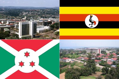 Uganda capital Kampala, top, Uganda flag, bottom, Burundi flag, capital Bujambura (file photo).