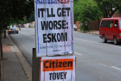A newspaper poster in January 2008. (Eskom is South Africa's power utility, and loadshedding is a system of national rolling blackouts.)