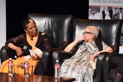 Mama Getrude Shope and Dr Frene Ginwala, right, during the OR Tambo and Thabo Mbeki Foundation Women's Month Dialogue at the Market Theatre in Newtown, Johannesburg in 2017.