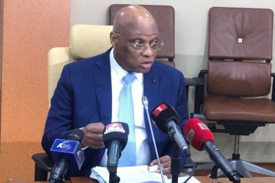 Jean-Claude Kassi Brou, Gouverneur de la Banque Centrale des Etats de l'Afrique de l'Ouest (BCEAO), lors de la Réunion du Comité de Politique Monétaire (CPM), tenue le 1er Mars 2023 à Dakar
