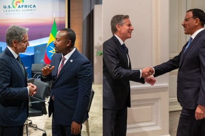 Secretary of State Antony J. Blinken with Ethiopian Prime Minister Abiy Ahmed at the U.S.- Africa Leaders Summit in December 2022 and  Nigerien President Mohamed Bazoum at the United Nations in September 2022.