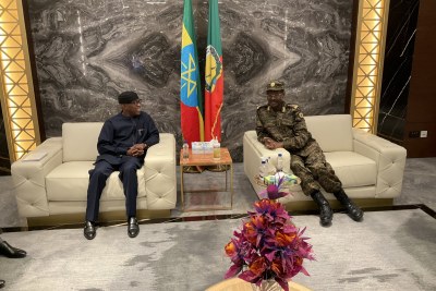 Ambassador Bankole Adeoye, African Union Commissioner for Political Affairs, Peace, and Security, left, with Field Marshal Berhanu Jula, Chief of General Staff of the Ethiopian National Defense Forces (ENDF).