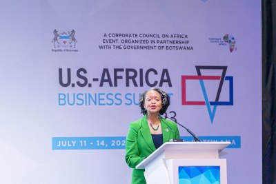Florizelle (Florie) Liser, President and CEO of the Corporate Council on Africa, addressing the opening plenary at the U.S.-Africa Business Summit 2023 in Gaborone.