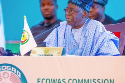 President Bola Tinubu speaking at an Ecowas summit in Abuja on August 10.
