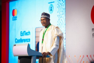 Prof. Tahir Mamman, Honorable Minister of Education of the Federal Republic of Nigeria, welcoming delegates attending the Mastercard Foundation #EdTechConference2024.